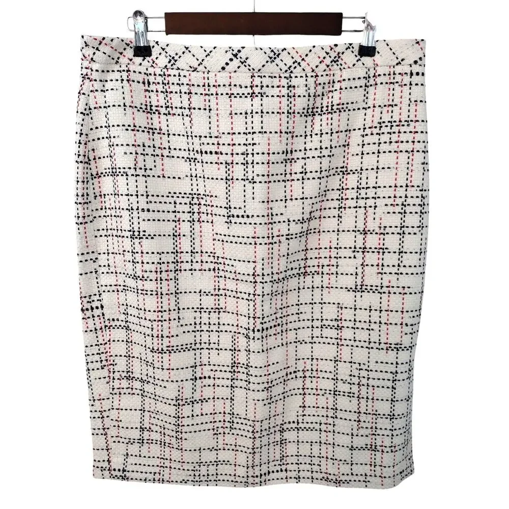Banana Republic NEW Ivory with Black & Red Plaid-Style Weave Pencil Skirt Sz 14